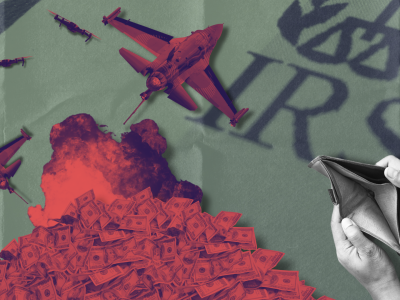 Collage of an empty wallet and IRS background with war planes, money, explosion, and drones