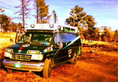 Nicholas Kordas, 27, with his retrofitted ambulance.