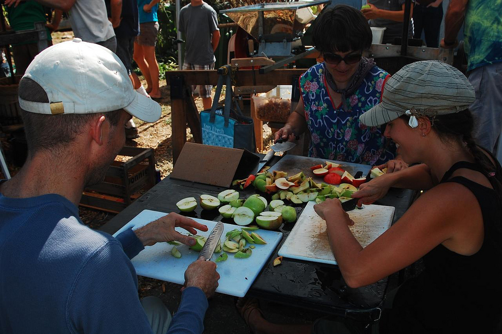 Volunteers cut freshly harvested apples for the bike-powered cider press, at the cider party last fall. Credit AJ Jones.