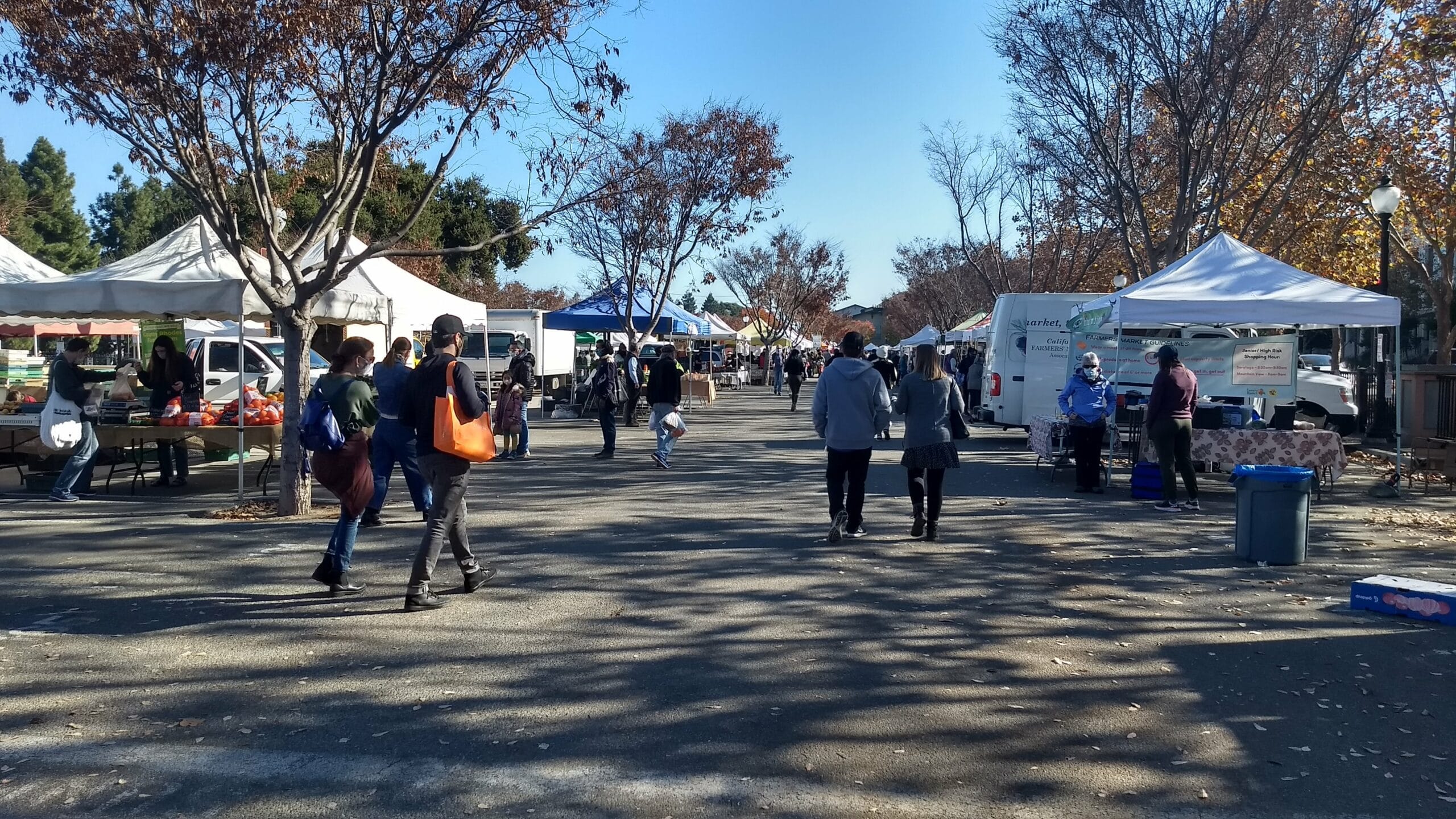  People file into a farmers market that fills two large parking lots next to Mountain View’s transit center. Credit: Neal Gorenflo. 