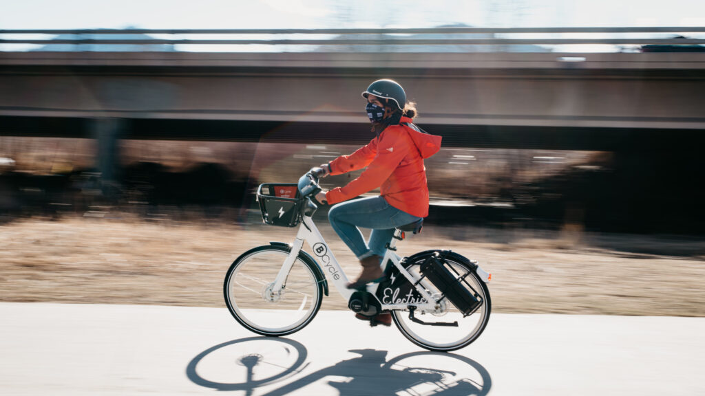 Kiran Herbert, People for Bikes and BBSP, on bike.