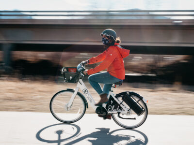 Kiran Herbert, People for Bikes and BBSP, on bike.