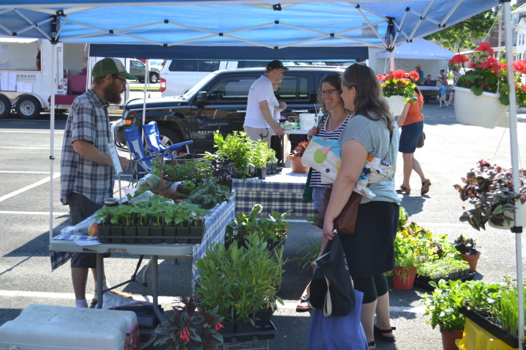patrons shopping for local food at outdoor farmers' market
