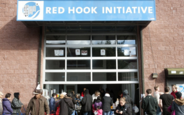 Climate justice In the aftermath of Hurricane Sandy, the Red Hook Initiative operated as a recovery command center and localized soup kitchen. In this example of collective resilience, community-building, socio-environmental resilience, spatial politics and design became inextricably linked. Credit: Superstorm Research Lab