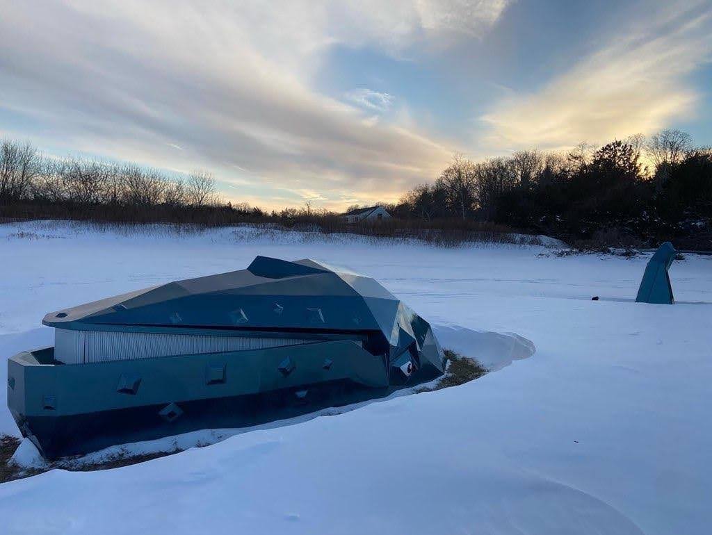 Aesthetics and symbolism are features maintained in and around the grounds of the Wuneechanunk Shinnecock Preschool, and they would be an important part of the solar installation process. While the school itself is shaped like a turtle, whale sculptures (like the one seen here) are on the school’s grounds to indicate the Nation’s connection to its whaling legacy. Credit: Kelly Dennis