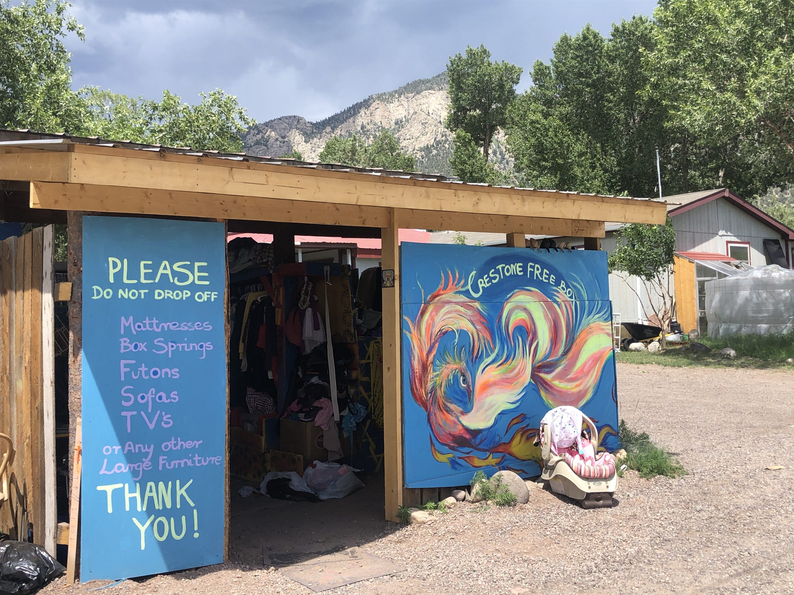 Picture of Crestone Free Box in Colorado with examples of items they do not accept.
