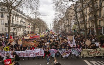Demonstration organized by the trade unions in the French uprising against the government pension reform