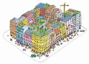 Rendering of a nachbarschaft (neighborhood) like those discussed in Hans Widmer's utopian writings.