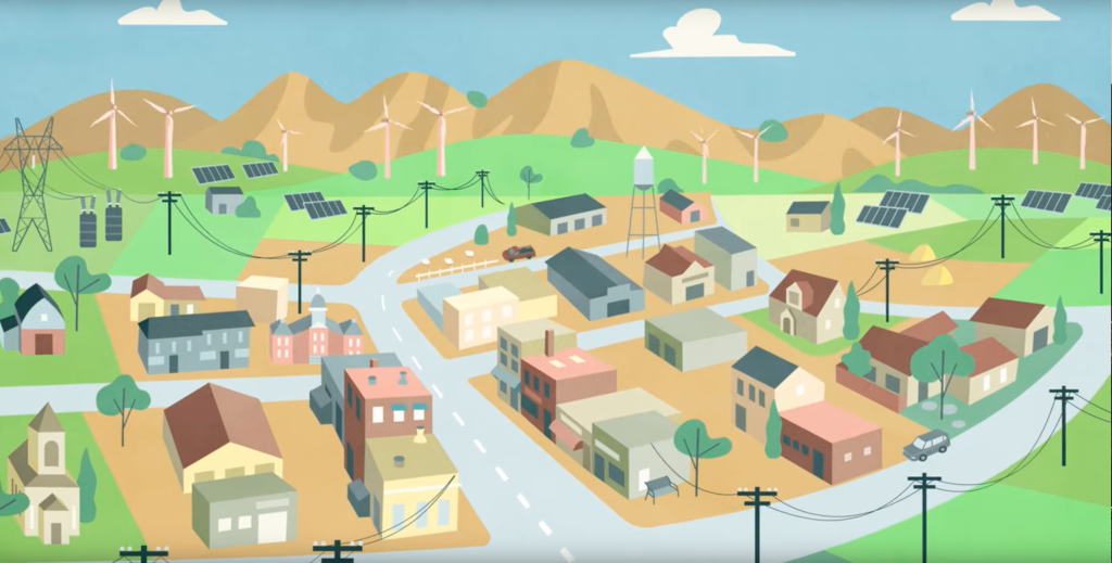 The Story of Rural Electric Cooperatives: Illustration of a community in the foreground with windmills in the background